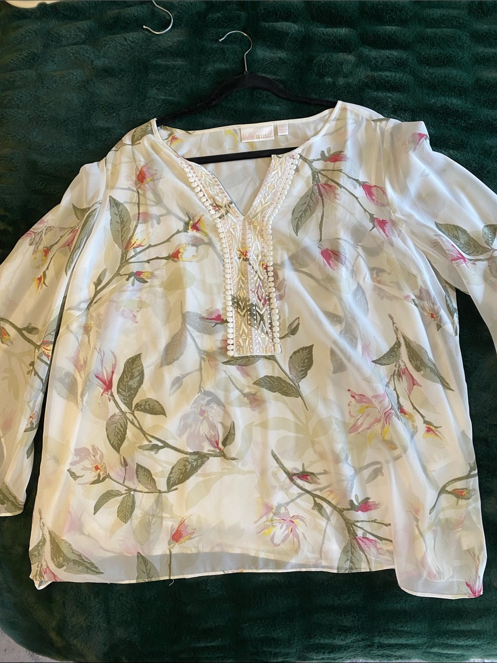 Belle by Kim Gravel White Sheer Floral Tunic with Embroidered Placket